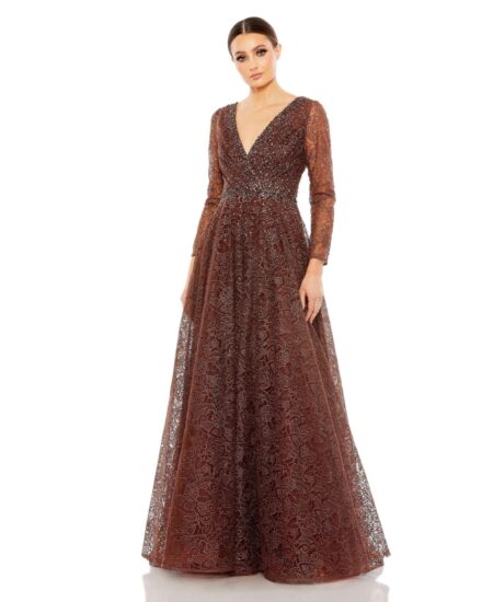 Women's Embellished Illusion Long Sleeve V Neck Gown Chocolate