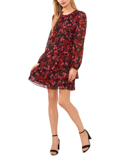  Women's Floral Chiffon Long-Sleeve Belted Tiered Dress Black/multi