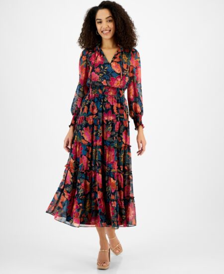  Women's Floral-Print Smocked Tiered Maxi Dress JBS Navy