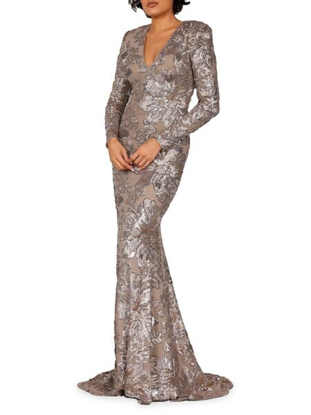  Women's Floral V Neck Sequin Gown Taupe Silver   