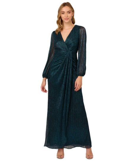  Women's Metallic Crinkled Draped Gown Teal Sapphire