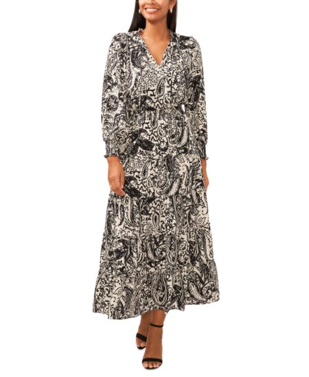  Women's Paisley-Print Tiered Maxi Dress Black/Ivory