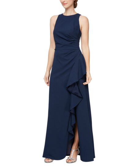  Women's Ruched Ruffled Gown Navy