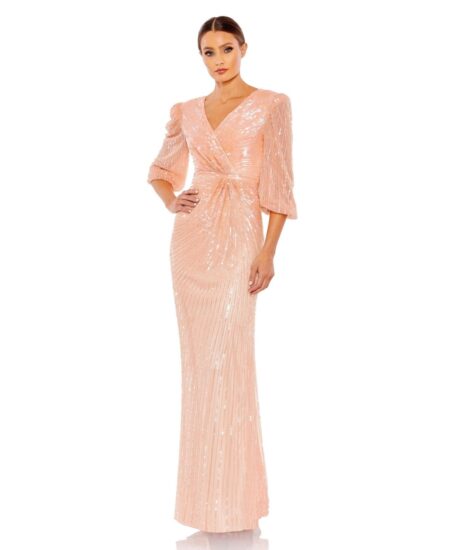 Women's Sequined Faux Wrap Puff Sleeve Gown Peach