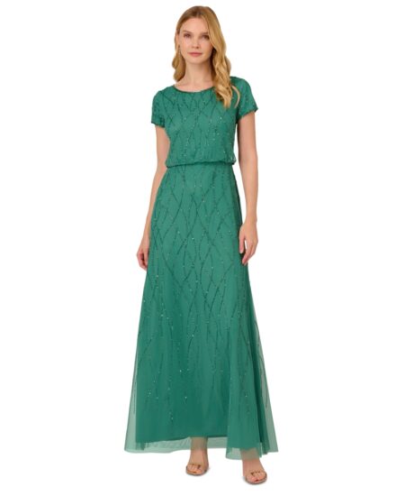  Women's Short Sleeve Embellished Overlay Gown Jungle Green