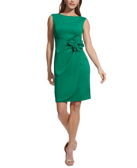  Women's Side-Tuck Rose-Detail Dress Green