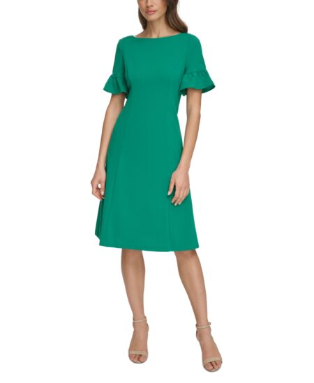  Women's Solid Flutter-Sleeve Fit & Flare Dress Green