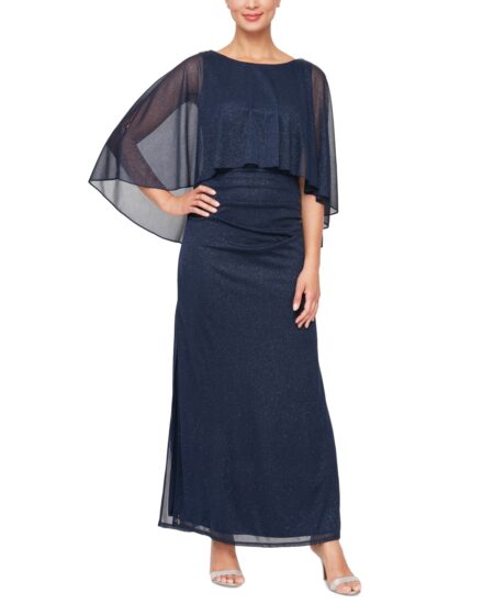  Women's Sparkle Mesh Capelet Ruched Gown Navy