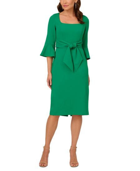  Women's Tie-Front Bell-Sleeve Midi Dress Vividgreen