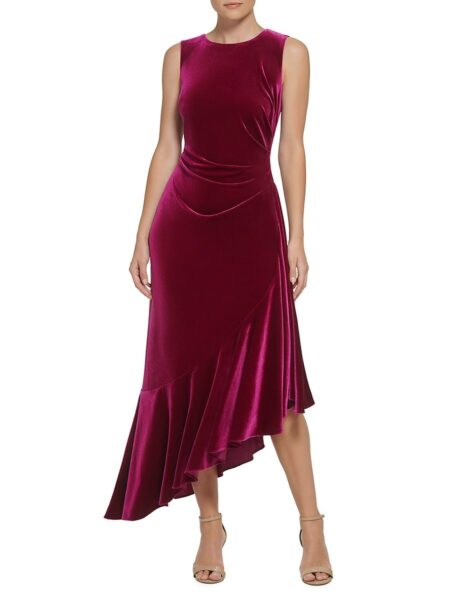  Women's Velvet Ruched Asymmetric Midi Dress Fuchsia   