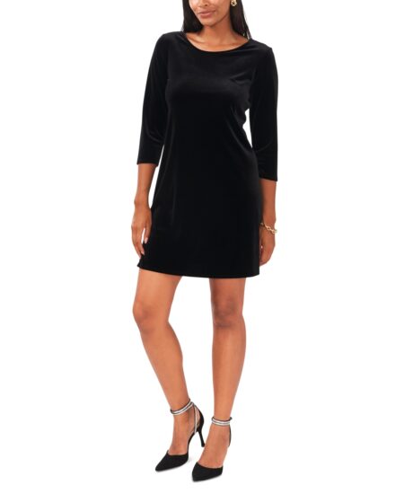  Women's Velvet Scoop-Neck / -Sleeve Dress Black
