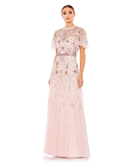  Women's Women's Embellished High Neck Butterfly Sleeve Gown Silver peony