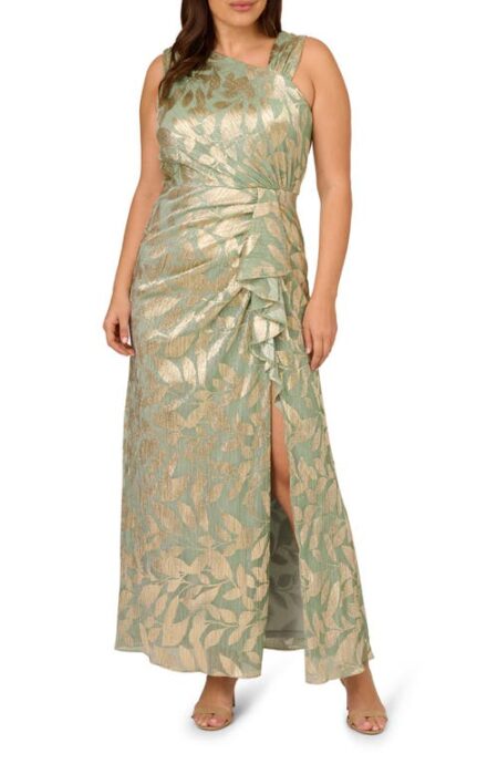  Asymmetric Metallic Foil Leaf Gown in Sage/Gold at Nordstrom   W