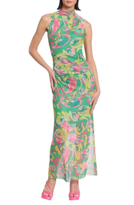  Asymmetric Ruched Semisheer Midi Dress in Absinthe Green/Pink at Nordstrom   