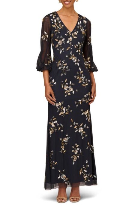  Beaded Floral V-Neck Gown in Twilight at Nordstrom   