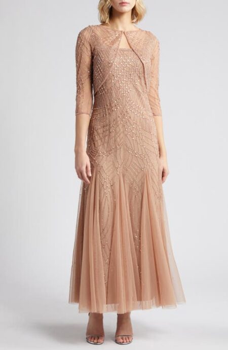  Beaded Gown with Long Sleeve Jacket in Dusty Rose at Nordstrom   