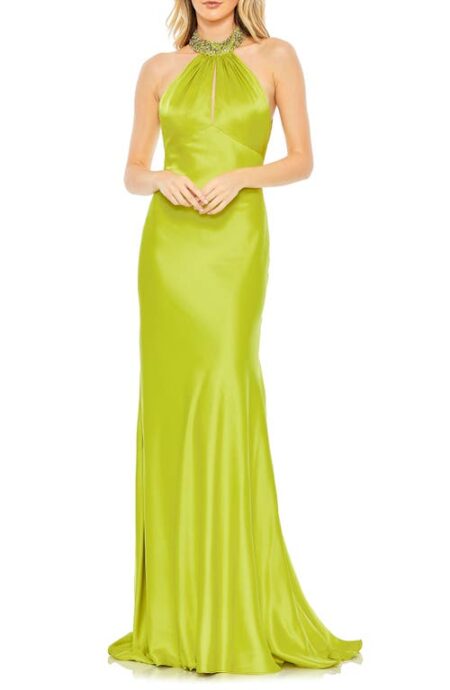  Beaded Halter Neck Satin Mermaid Gown in Lime at Nordstrom   