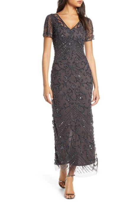  Beaded Mesh Column Gown in Slate at Nordstrom   