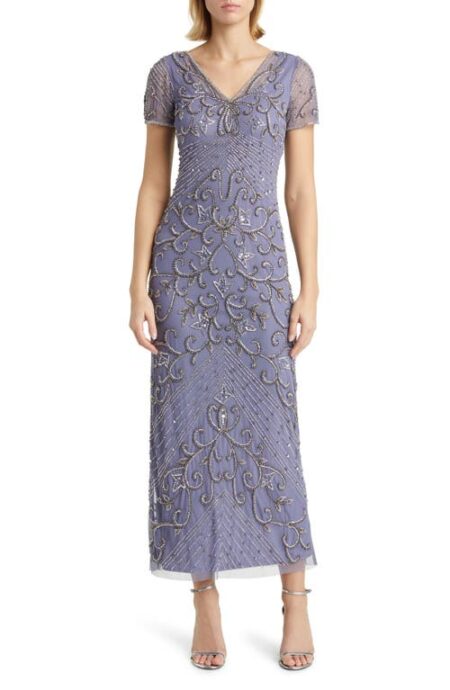  Beaded Mesh Column Gown in Violet at Nordstrom   