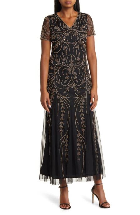  Beaded Mesh Gown in Black/Gold at Nordstrom   