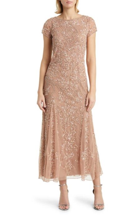  Beaded Mesh Midi Cocktail Dress in New Beige at Nordstrom   