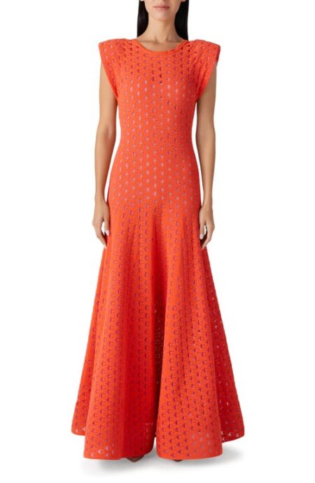  Cap Sleeve Eyelet Knit Fit & Flare Gown in Orange/Light Pink at Nordstrom   