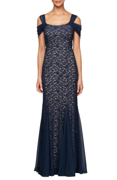  Cold Shoulder Fit & Flare Evening Gown in Navy/Nude at Nordstrom   