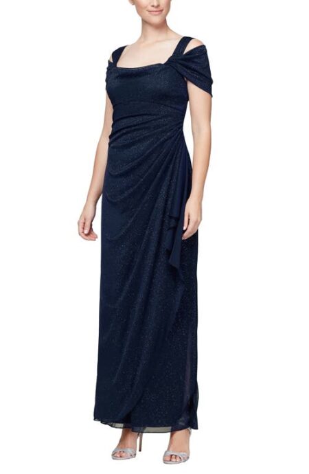  Cold Shoulder Ruffle Glitter Chiffon Gown in Dark Navy at Nordstrom   P