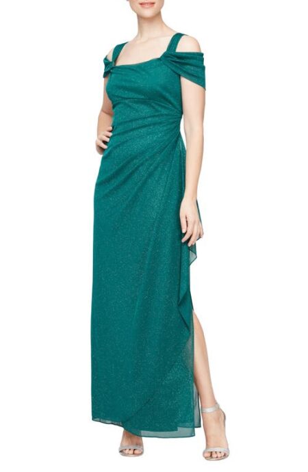  Cold Shoulder Ruffle Glitter Chiffon Gown in Emerald Green at Nordstrom   