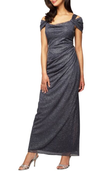  Cold Shoulder Ruffle Glitter Chiffon Gown in Smoke at Nordstrom   P