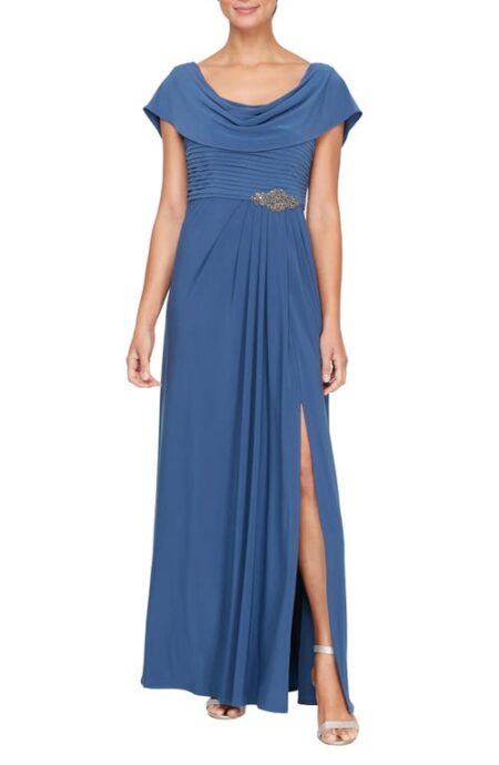  Cowl Neck Beaded Waist Evening Gown in Wedgewood at Nordstrom   P
