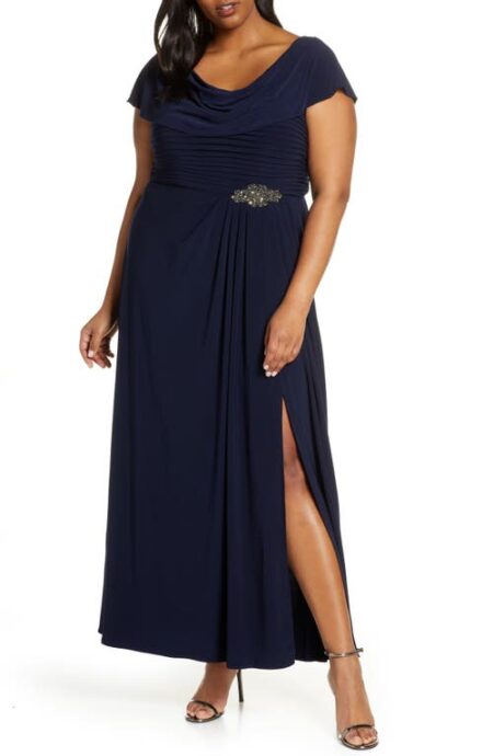  Cowl Neck Beaded Waist Gown in Navy at Nordstrom   W