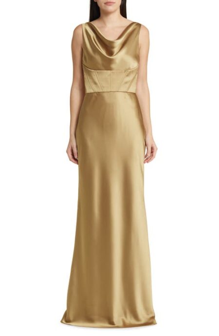  Cowl Neck Corset Satin Gown in Gold at Nordstrom   