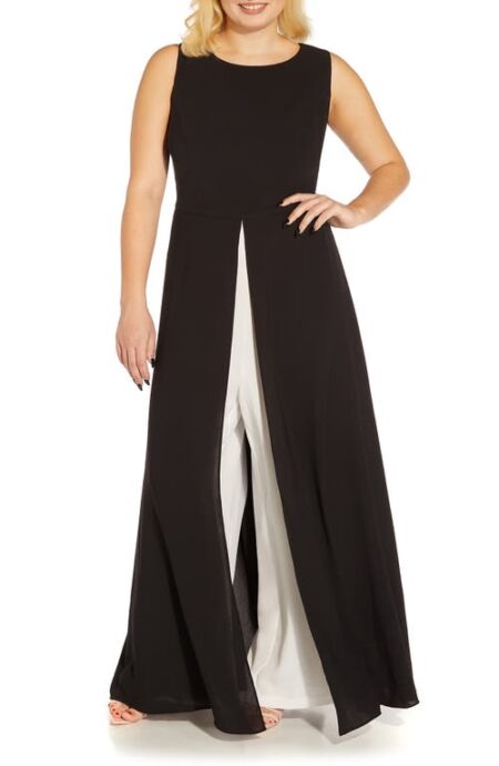  Crepe Overlay Wide Leg Maxi Jumpsuit in Black/Ivory at Nordstrom   W