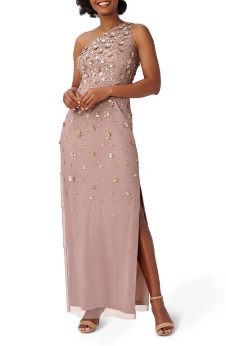   D Beaded & Sequin One-Shoulder Gown in Stone at Nordstrom   