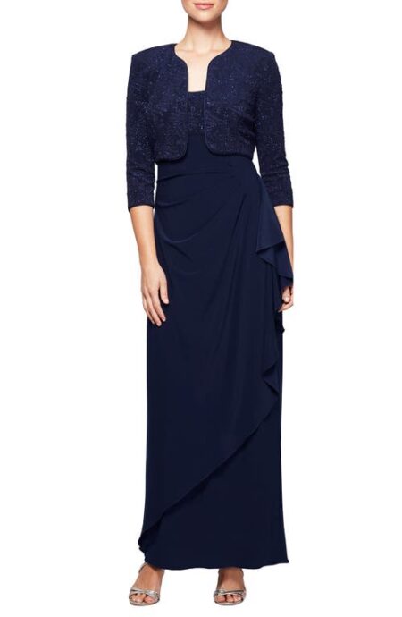  Draped Column Gown with Bolero Jacket in Navy at Nordstrom   