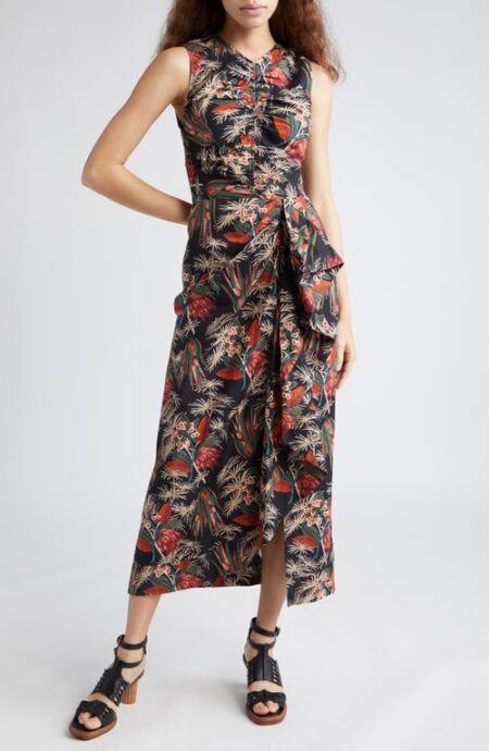  Edlyn Floral Ruffle Detail Cotton Midi Dress in Anthurium at Nordstrom   