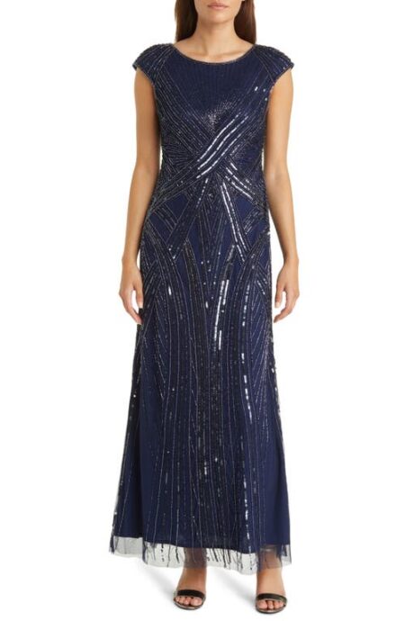  Embellished Cap Sleeve Gown in Navy   at Nordstrom   