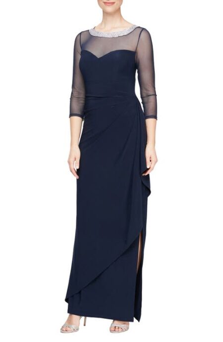  Embellished Illusion Neck Matte Jersey Gown in Navy at Nordstrom   