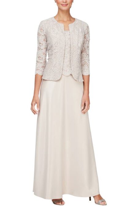 Embroidered Lace Mock Two-Piece Gown with Jacket in Taupe at Nordstrom   