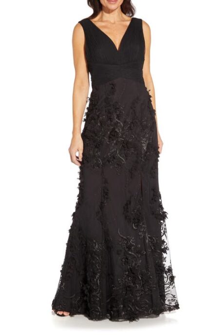  Embroidered Mesh Trumpet Gown in Black at Nordstrom   