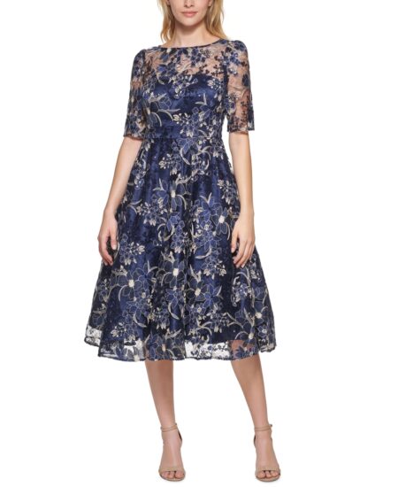  Embroidered Sequin Midi Dress Navy