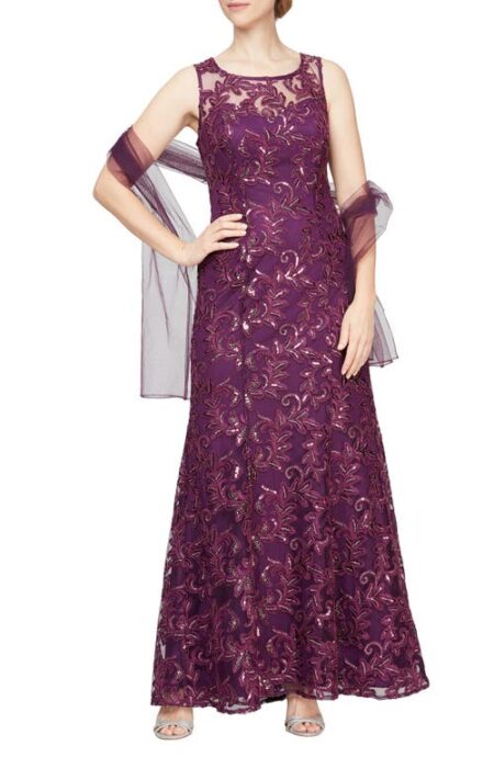  Embroidered Tulle Gown with Shawl in Plum at Nordstrom   