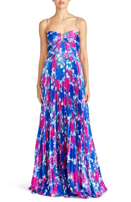  Evelyn Floral Pleated Satin Gown in Hydrangea Gardens at Nordstrom   