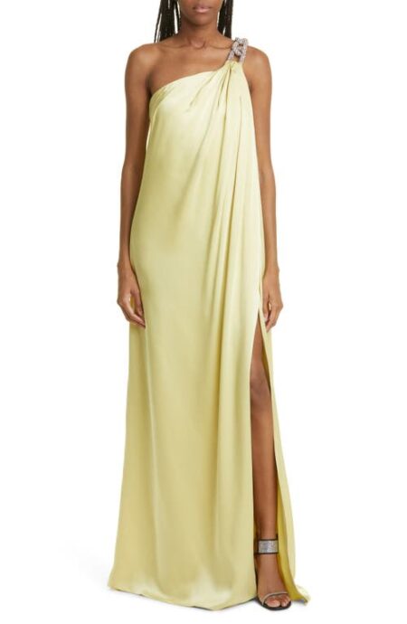  Falabella Crystal Chain Satin One-Shoulder Gown in    Pale Lime at Nordstrom    Us