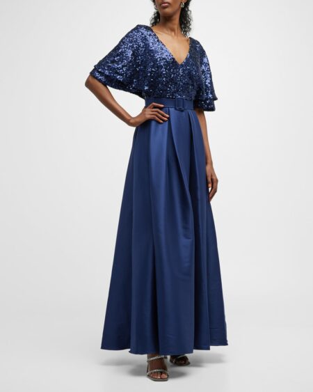 Flutter-Sleeve Pleated Sequin Gown