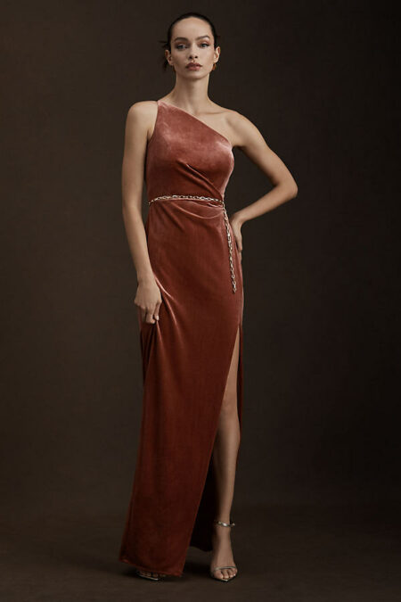 Giavonna One-Shoulder Stretch Velvet Gown