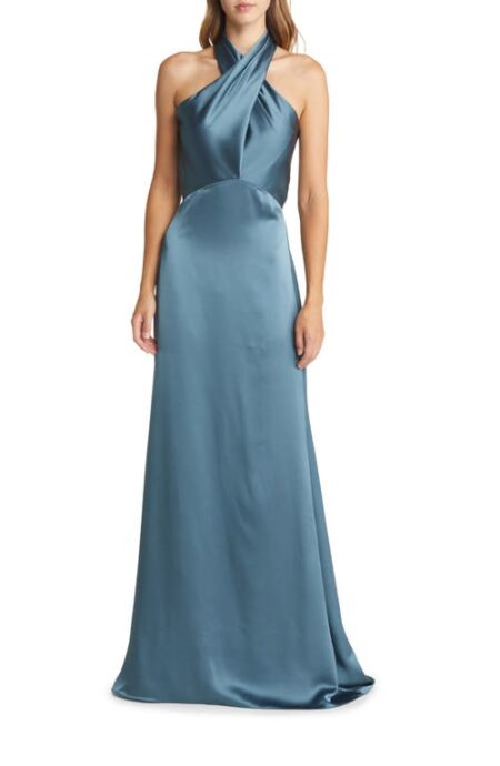  Halter Neck Satin Gown in Petrol at Nordstrom   