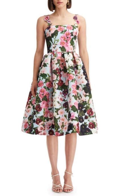  Hollyhock Print Faille Fit & Flare Dress in Pink/Pale Blue at Nordstrom   