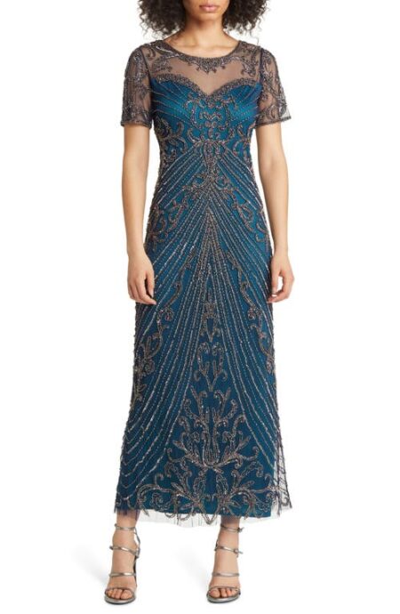  Illusion Beaded Mesh Column Gown in Cobalt at Nordstrom   